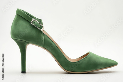 Green high heel with ankle buckle, standing on a textured gray surface, with soft lighting highlighting its vibrant color and elegant design. photo