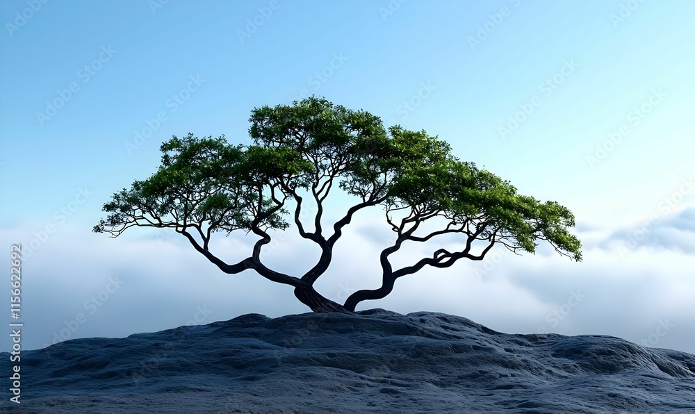 Solitary Tree on Rocky Outcrop Against Clear Blue Sky Background Solitary Tree on Rocky Outcrop Against Clear Blue Sky Background
