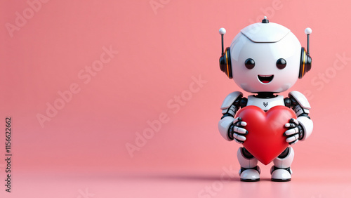 A charming robot in white, joyfully holding a red heart against a soft pink backdrop. photo