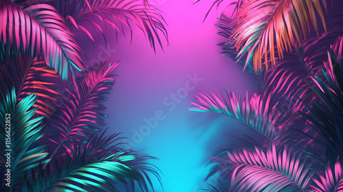 Tropical Palm Leaves Border Frame with Neon Gradient Background, Synthwave Aesthetic Design