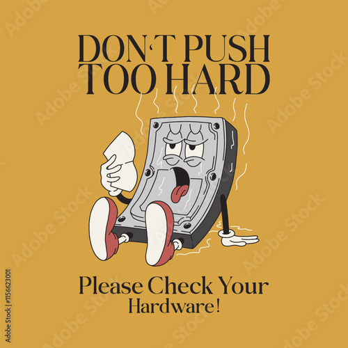 Retro cartoon overheating computer harddisk mascot