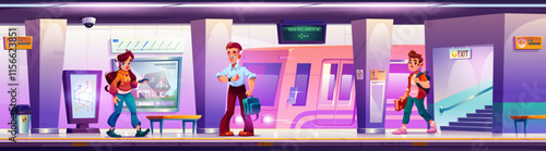 Subway station platform with cartoon passengers and modern metro train. Interior scene with digital displays, navigation map, exit sign and camera. Characters waiting at underground transportation hub