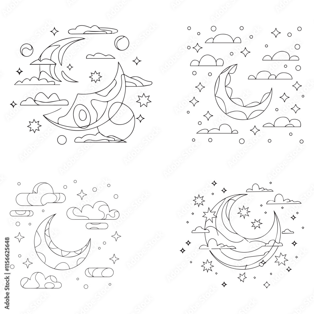 One single line drawing of islamic ornament with moon and star and cloudy sky on white background. Ramadan Kareem greeting card, banner, and poster concept. Continuous line draw vector One single line drawing of islamic ornament with moon and star and cloudy sky on white background. Ramadan Kareem greeting card, banner, and poster concept. Continuous line draw vector