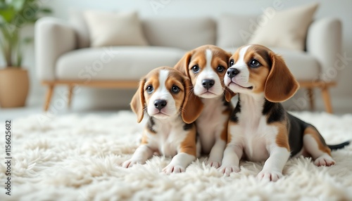 Three cute beagle puppies sitting on fur carpet in white living room, pet animal character photo