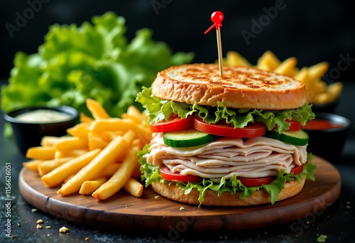 Sandwich with turkey, lettuce, tomato, and cucumber served with French Fries on wooden cutting board, adorned with two small dipping sauces and lettuce in the background, food and snack photo