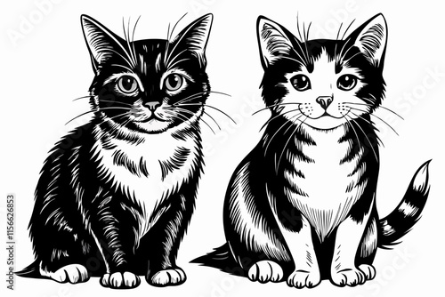 black and white funny two cats hand drawn sketch for painting book