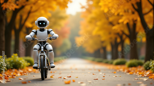 A charming robot riding a bicycle through a picturesque autumn park with vibrant leaves. photo