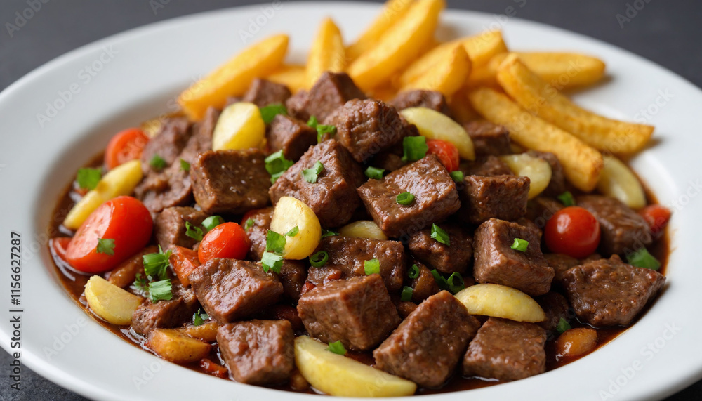 Lomo saltado in a savory style in brown colors with fries for a hearty meal Lomo saltado in a savory style in brown colors with fries for a hearty meal