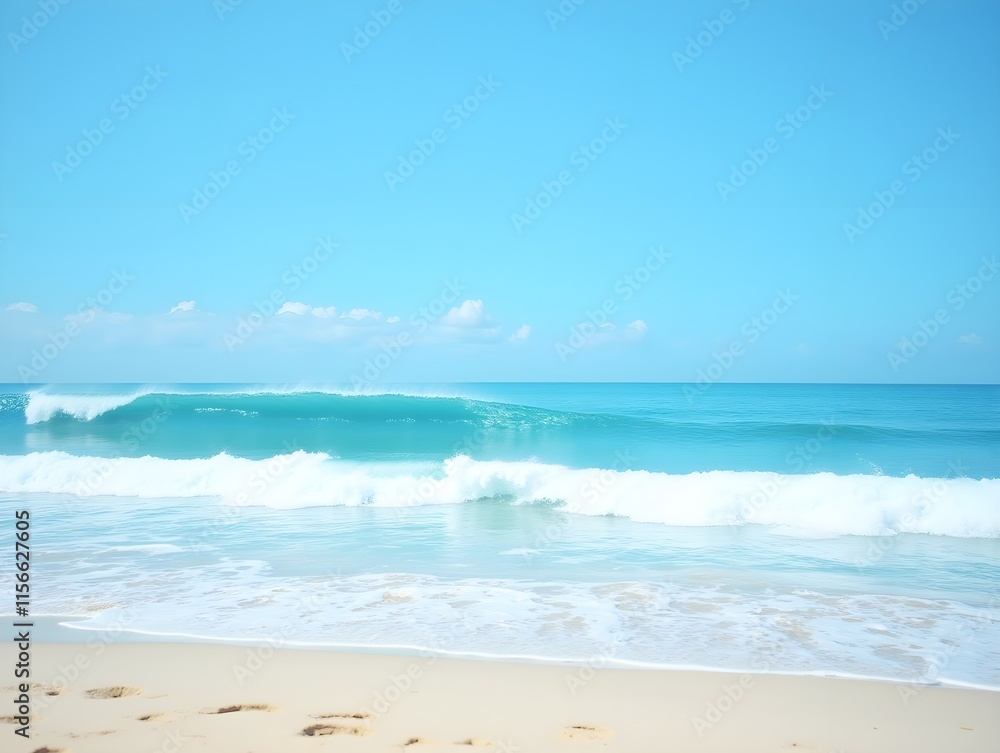 Blue ocean wave, white handsome sea foam, seascape, deserted sandy beach Blue ocean wave, white handsome sea foam, seascape, deserted sandy beach