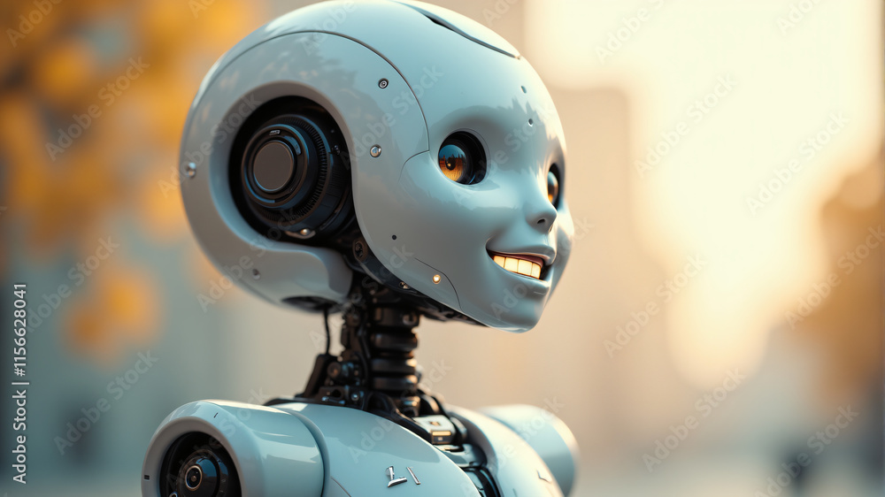 Fototapeta premium A charming, humanoid robot with a shiny silver exterior and a warm, inviting smile.