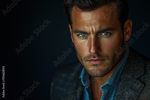 Confident man with intense gaze poses against dark background in stylish outfit photo