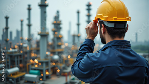 A skilled worker in safety gear observes a bustling industrial landscape with towering structures. photo