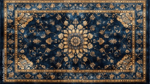 Dark blue and gold ornate rug with floral pattern.