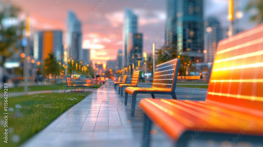 Obraz premium Modern City Park Sunset Solar Benches Urban Landscape