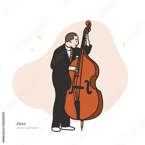 An illustration of a male performer wearing a suit and playing the cello. Hand-drawn vector elements.
