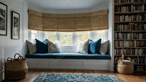 Video footage of cozy reading nook with a cushioned bench, pillows, a large window with bamboo shades, and a bookshelf filled with books