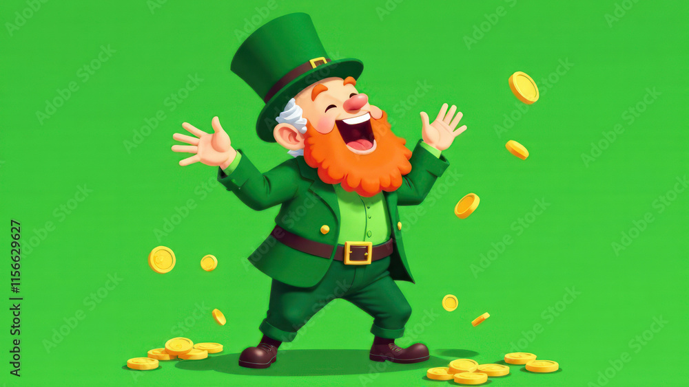 Fototapeta premium Happy cartoon man with a red beard in a green leprechaun costume and a hat stands in a rain of coins, concept St. Patrick's Day