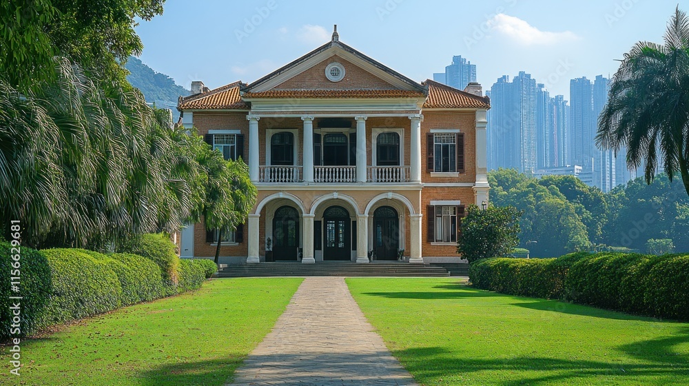 Elegant colonial mansion with manicured lawn, pathway, and city skyline in background. Elegant colonial mansion with manicured lawn, pathway, and city skyline in background.
