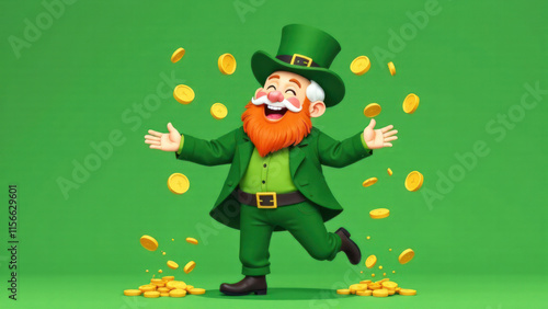 Wallpaper Mural Happy cartoon man with a red beard in a green leprechaun costume and a hat stands in a rain of coins, concept St. Patrick's Day Torontodigital.ca