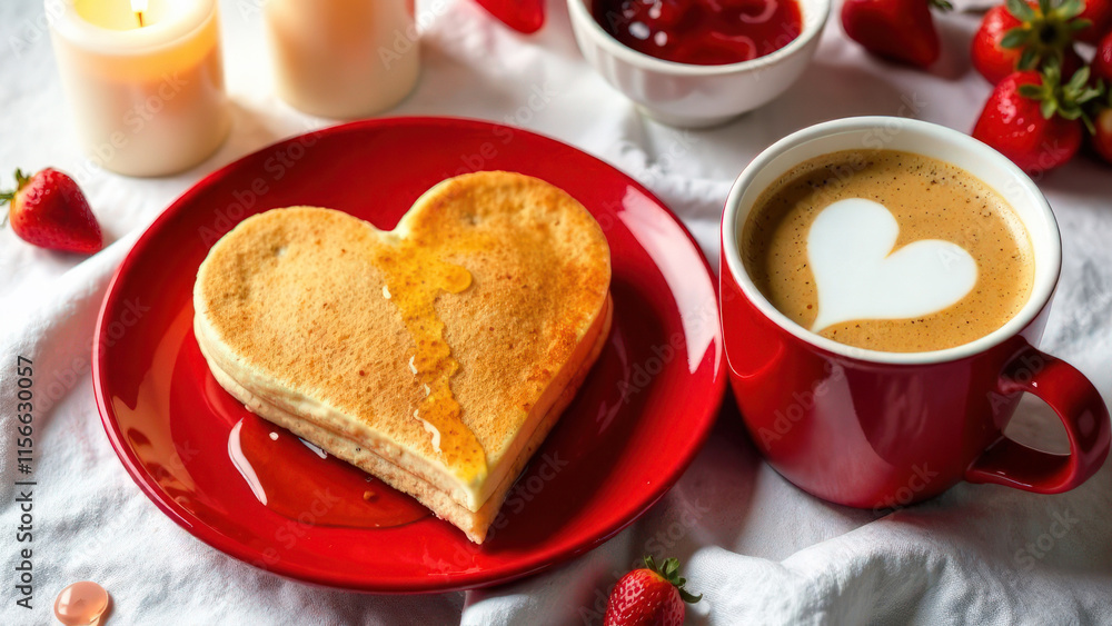top view of heart-shaped pancakes on a red plate, with white chocolate in the shape of a heart, drizzled with honey, next to a mug of coffee, Valentine's Day concept top view of heart-shaped pancakes on a red plate, with white chocolate in the shape of a heart, drizzled with honey, next to a mug of coffee, Valentine's Day concept