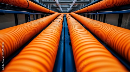 Dynamic Composition of Perspective Orange Pipes in Industrial Setting - Trends in Modern Stock Photography
