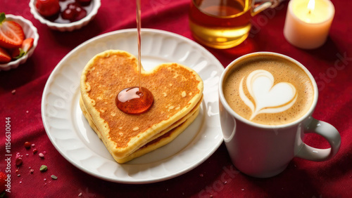 top view of heart-shaped pancakes on a white plate, with white chocolate in the shape of a heart, drizzled with honey, next to a mug of coffee, Valentine's Day concept