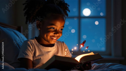 close up portrait of an Afroamerican dark-skinned girl reading a science fiction book about the planets and the solar system, concept science fiction day