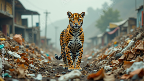 A majestic jaguar walks through a littered urban area, showcasing its striking coat. photo