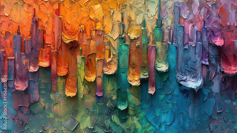 Naklejka premium Vibrant impasto cityscape painting with textured rainbow colors.