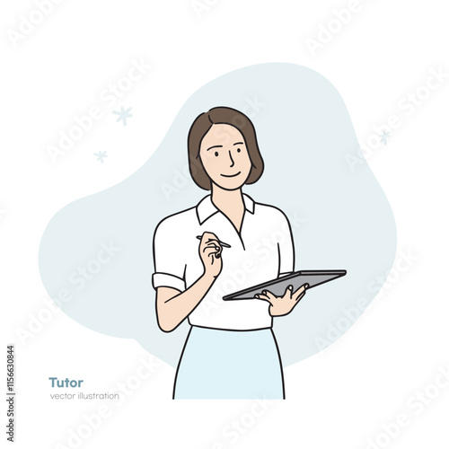 This illustration shows a woman with short hair facing the front with a smart pad in one hand and a pen in the other hand. A vector element drawn by hand.