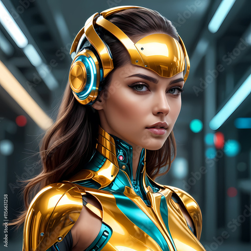 portrait of a beauty woman wearing a helmet futuristic scene retrato de una mujer de belleza con un casco en una escena futurista
 photo