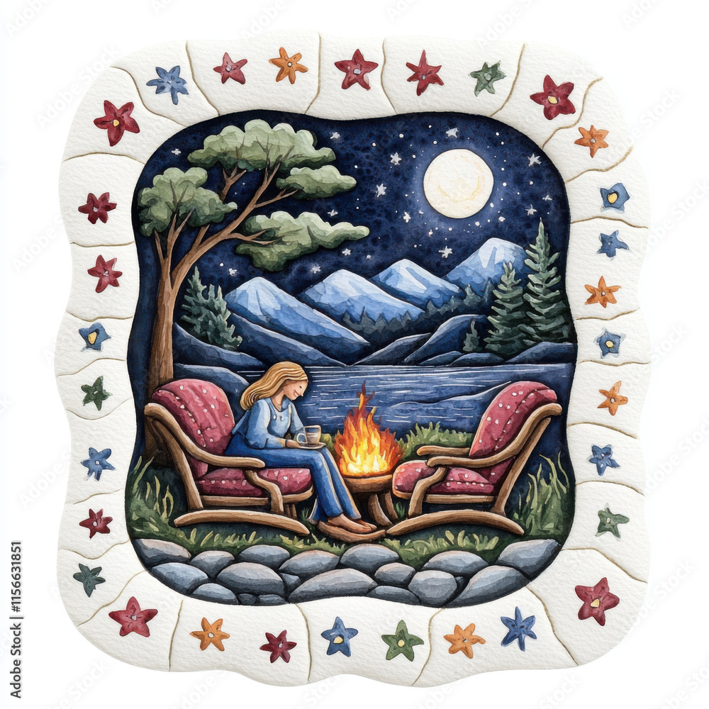 Fototapeta premium cozy evening scene with couple by campfire under moonlight