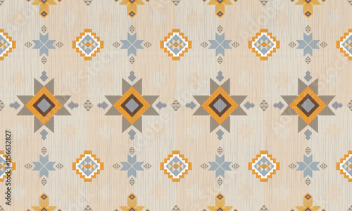Geometric tribal pattern featuring a harmonious blend of muted blue, beige, and orange tones. The symmetrical design make it ideal for interior design, textiles, or digital backgrounds.