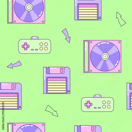 Seamless pattern with floppy disk and gamepad. Multicolored elements on green background. Retro illustration with outline in 90s style. Vector illustration.