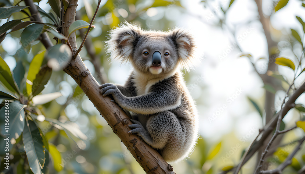 Fototapeta premium Adorable koala sitting on eucalyptus tree branch.