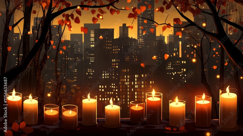 Obraz premium Candlelight Festival with City Skyline at Dusk