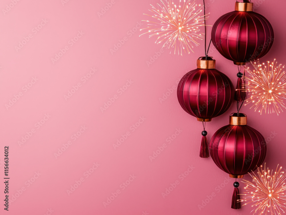 Maroon lanterns with bronze accents and fireworks on pink background Maroon lanterns with bronze accents and fireworks on pink background
