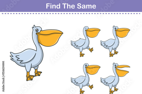 Funny cartoon pelican. Find same pictures. Educational game for children. Cartoon vector illustration