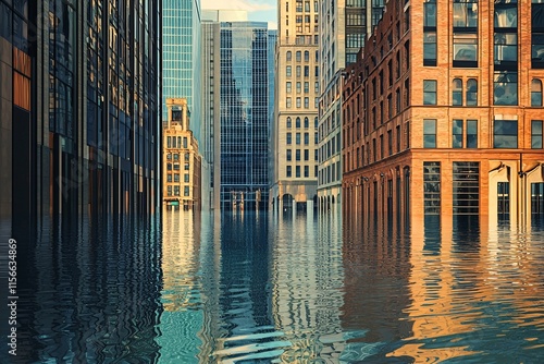 Rising tides showcase climate change effects in urban landscapes, with partially submerged buildings symbolizing societal challenges and heightened environmental consciousness. photo