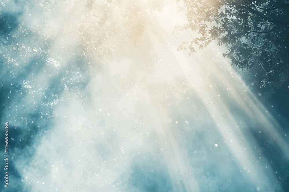 Fototapeta premium Sunlight streaming through tree branches with soft mist and glowing particles