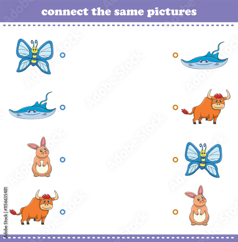 Education game for children connect the same picture of cute cartoon wild animal printable. Vector Illustration