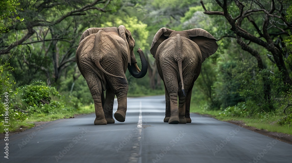 Obraz premium African Elephants Walking Away on a Road in Lush Green Forest