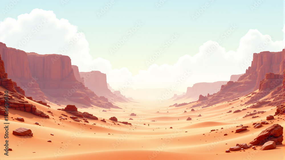 Naklejka premium A stunning desert landscape featuring red cliffs, sandy terrain, and a clear blue sky.