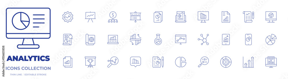 Analytics icons collection. Thin Line icons, editable stroke. comparison, computer, data analytics, file, files, management, market research, mobile, presentation, report Analytics icons collection. Thin Line icons, editable stroke. comparison, computer, data analytics, file, files, management, market research, mobile, presentation, report