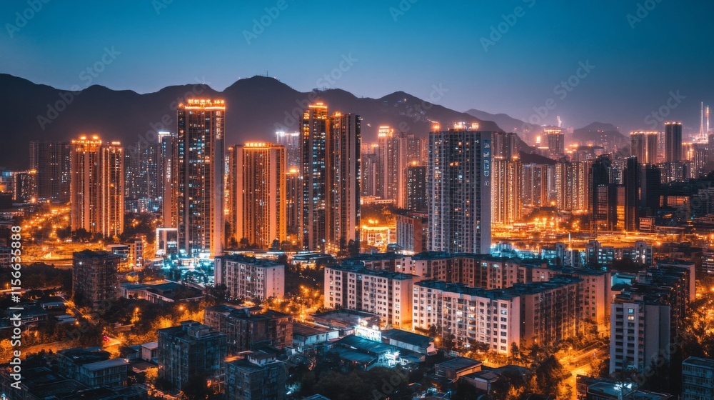 Obraz premium Illuminated Cityscape with Mountain Backdrop at Dusk