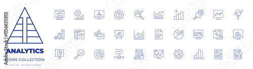 Analytics icons collection. Thin Line icons, editable stroke. analytics, accounting, analysis, assessment, computer, data analytics, gear, graph, graphic, speech bubble, spreadsheet app