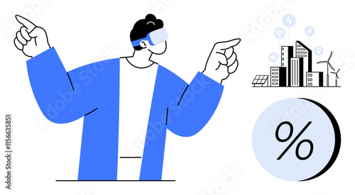 Businessman wearing VR glasses points at smart city icons including buildings and renewable energy sources. Ideal for technology, future cities, business innovation, VR applications, environmental