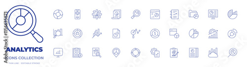 Analytics icons collection. Thin Line icons, editable stroke. cycle, data analysis, data analytics, phone, pie chart, productivity, profits, search, web analytics