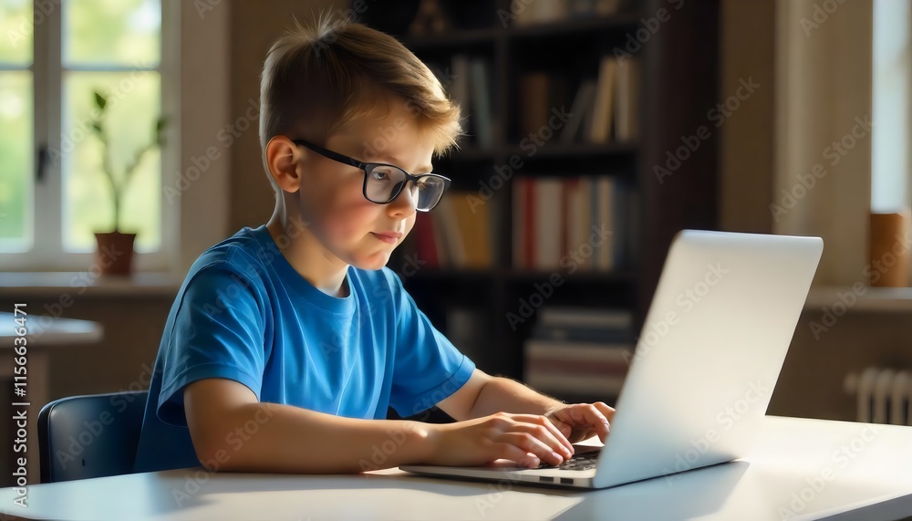 A boy wearing glasses is using a laptop computer child with laptop A boy wearing glasses is using a laptop computer child with laptop