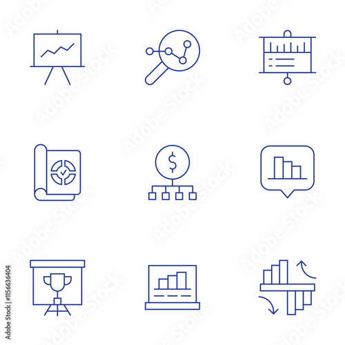 Analytics icons set. Thin Line style, editable stroke. analytical, analytics, comparison, presentation, report, trophy